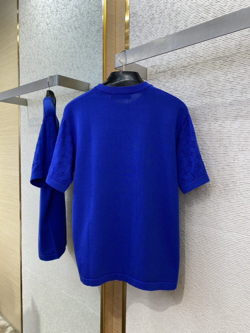 LV Jacquard Sleeve Knit Crew Neck Short Sleeve T-Shirt Blue 6