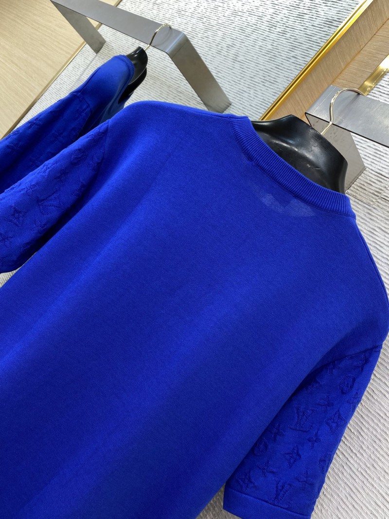 LV Jacquard Sleeve Knit Crew Neck Short Sleeve T-Shirt Blue 7