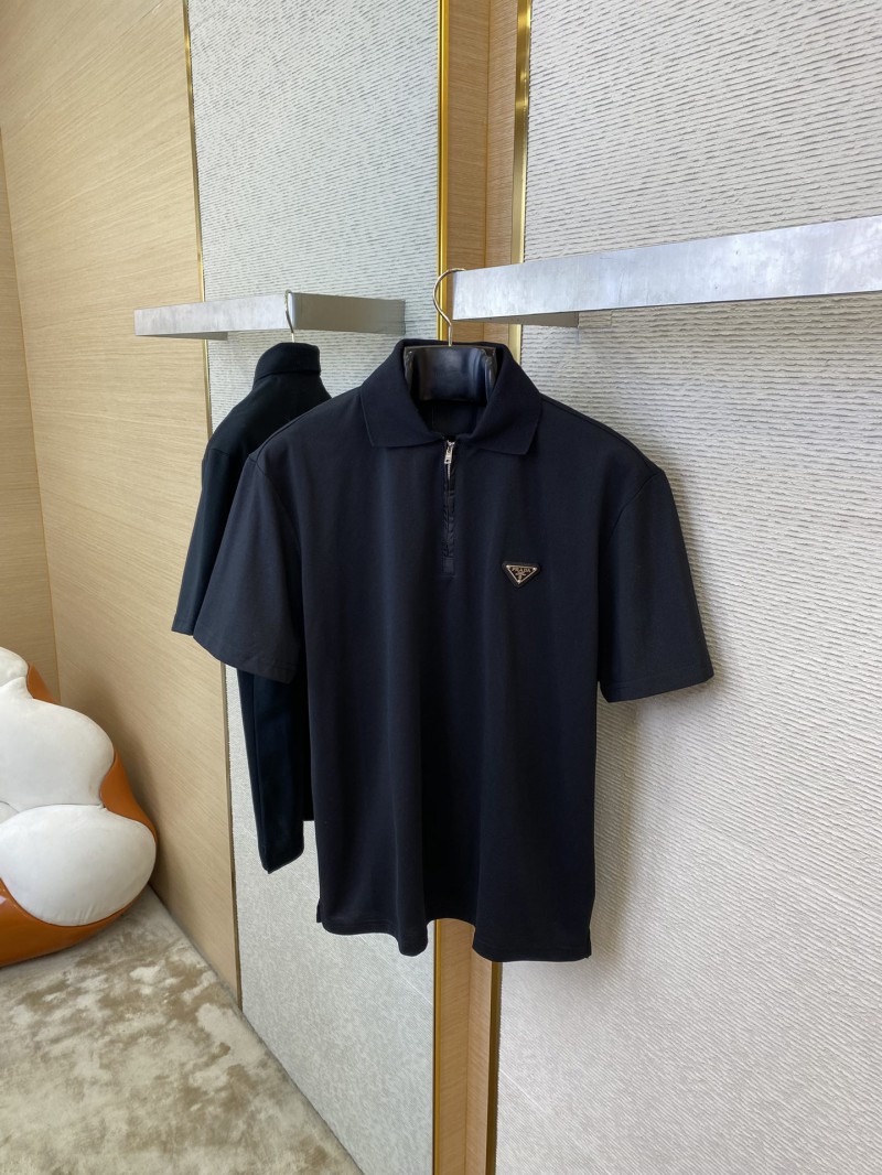Prada Satin Beaded Floor Zip Polo Shirt Black 6