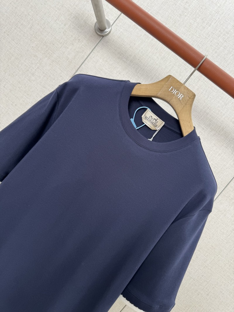HERMES Short Sleeve T-Shirt with Clashing Cuffs Navy 2