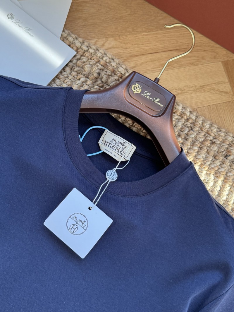 HERMES Short Sleeve T-Shirt with Clashing Cuffs Navy 7