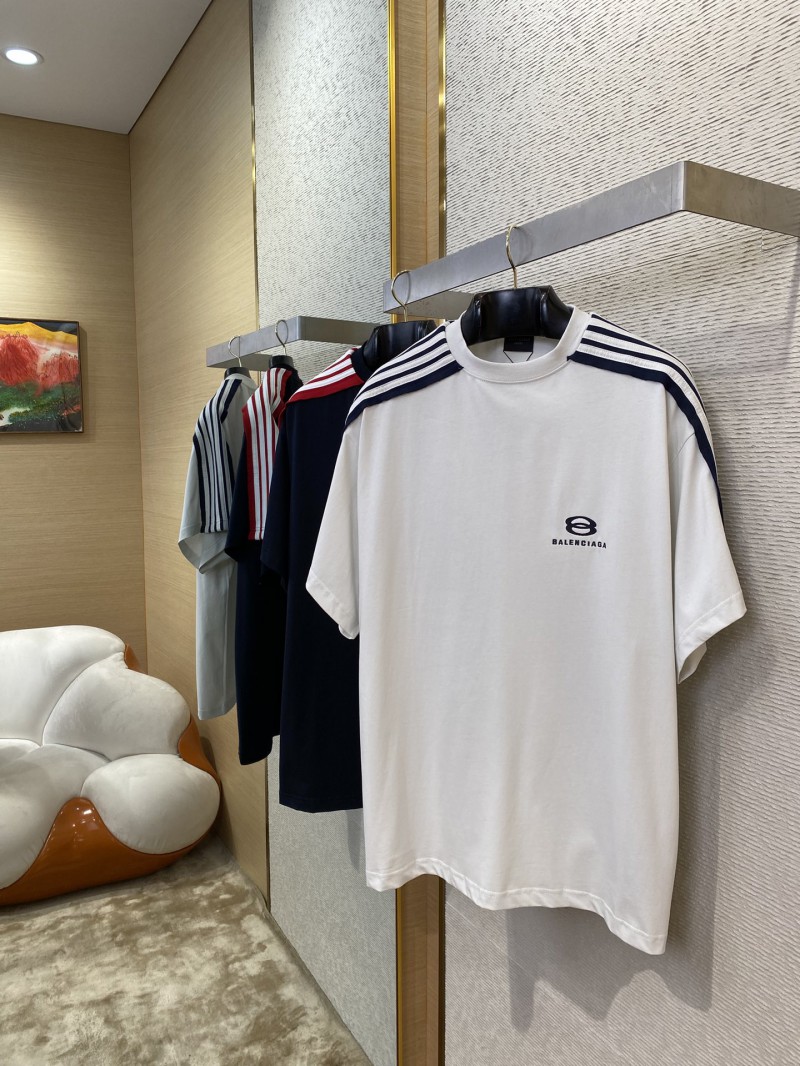 Balenciaga Shoulder Woven Stripe Embroidered Crew Neck Short Sleeve T-Shirt White 2