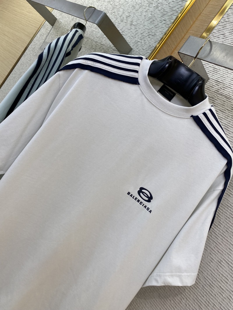Balenciaga Shoulder Woven Stripe Embroidered Crew Neck Short Sleeve T-Shirt White 5