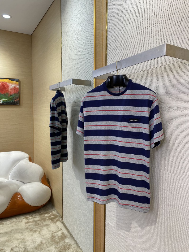 Miu Miu Blue Grey Stripe Logo Short Sleeve T-Shirt 2