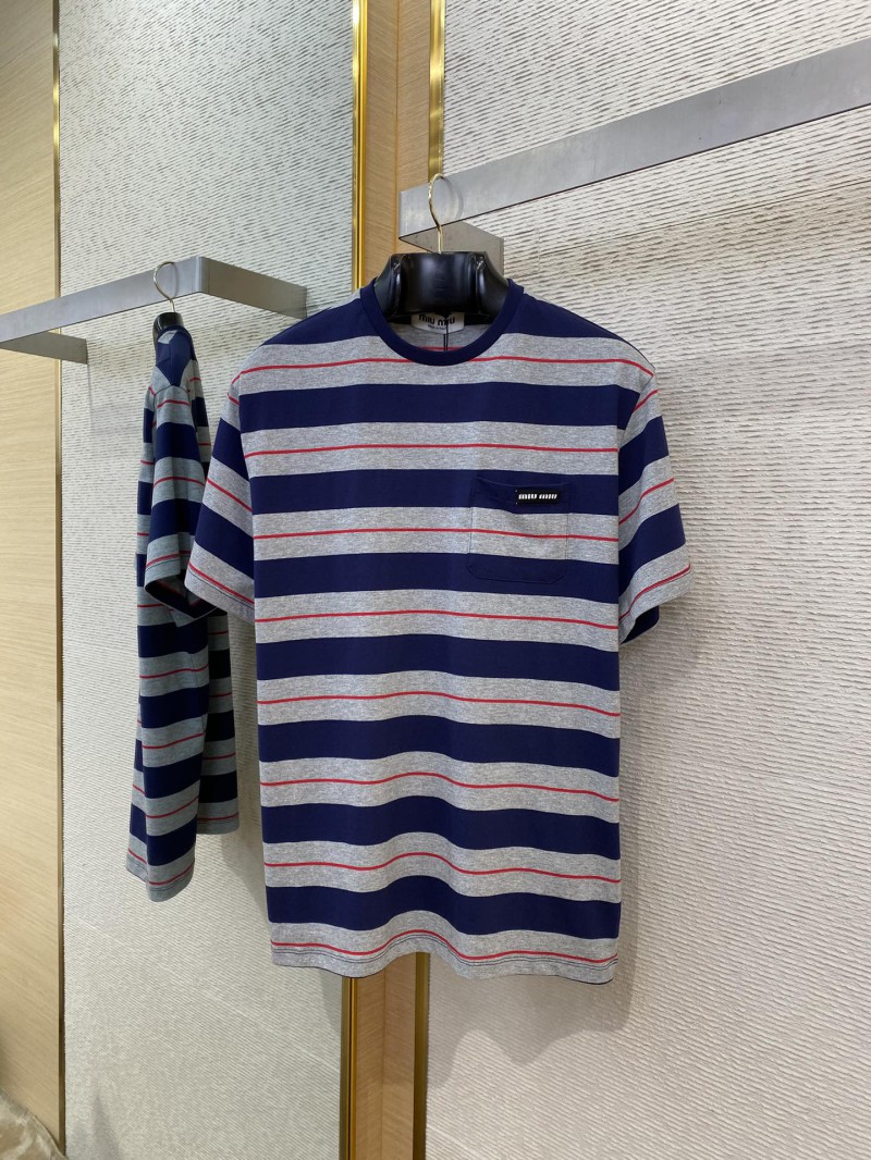 Miu Miu Blue Grey Stripe Logo Short Sleeve T-Shirt 4