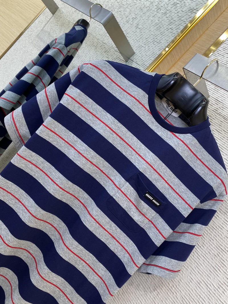 Miu Miu Blue Grey Stripe Logo Short Sleeve T-Shirt 5