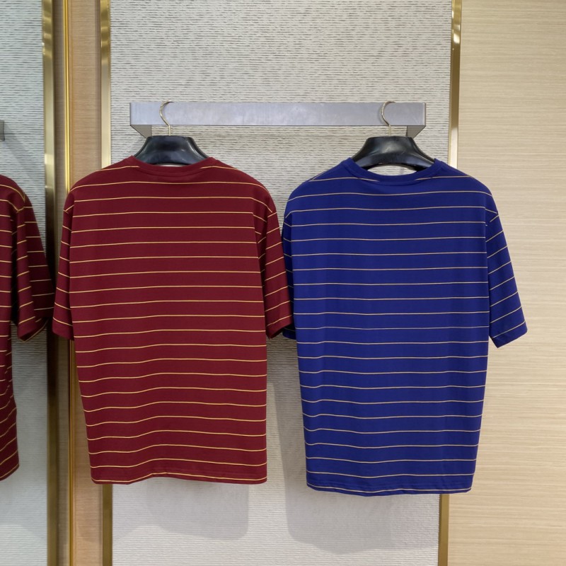 Miu Miu Striped Pocket Logo Cotton Round Neck Short Sleeve T-Shirt Red 1