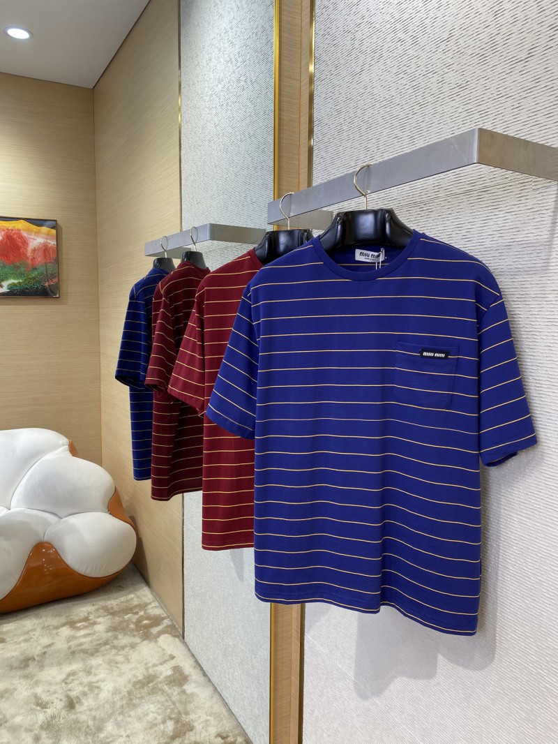 Miu Miu Striped Pocket Logo Cotton Round Neck Short Sleeve T-Shirt Blue 2