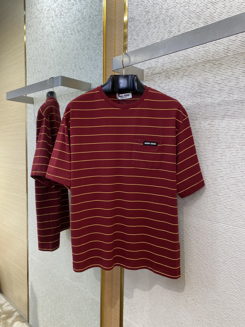Miu Miu Striped Pocket Logo Cotton Round Neck Short Sleeve T-Shirt Red 4