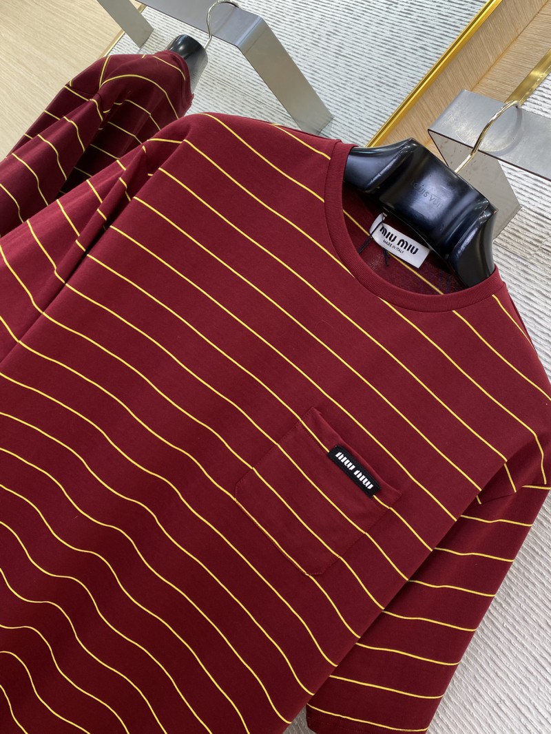 Miu Miu Striped Pocket Logo Cotton Round Neck Short Sleeve T-Shirt Red 5
