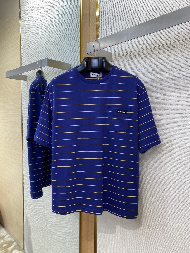 Miu Miu Striped Pocket Logo Cotton Round Neck Short Sleeve T-Shirt Blue 4