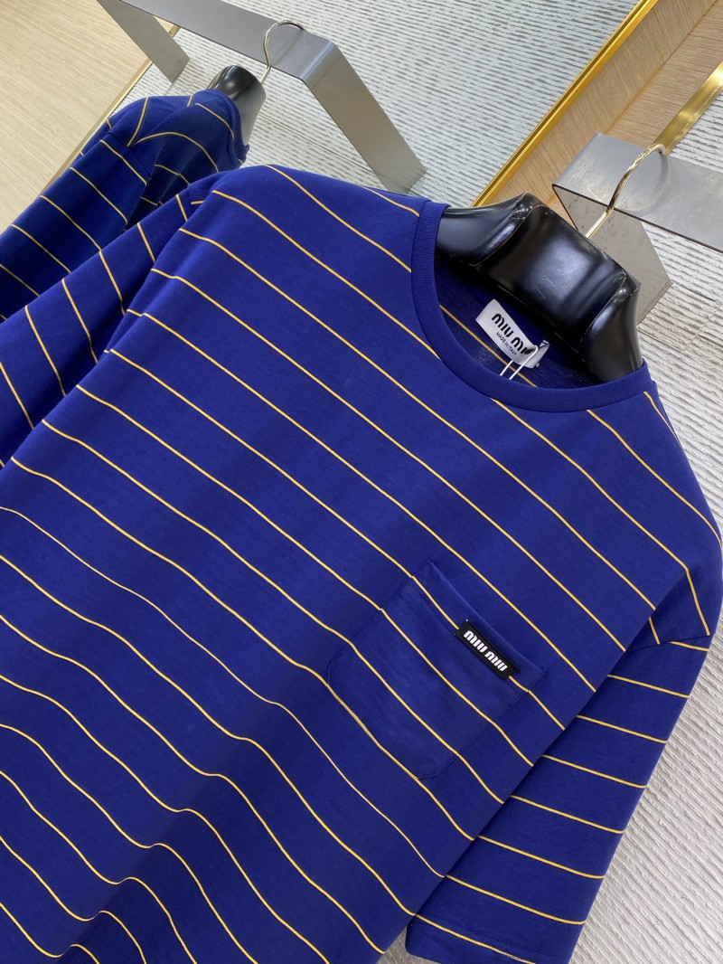 Miu Miu Striped Pocket Logo Cotton Round Neck Short Sleeve T-Shirt Blue 5
