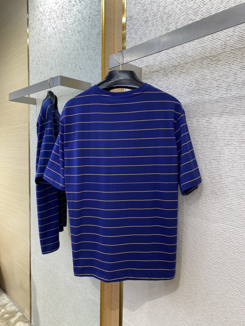 Miu Miu Striped Pocket Logo Cotton Round Neck Short Sleeve T-Shirt Blue 6