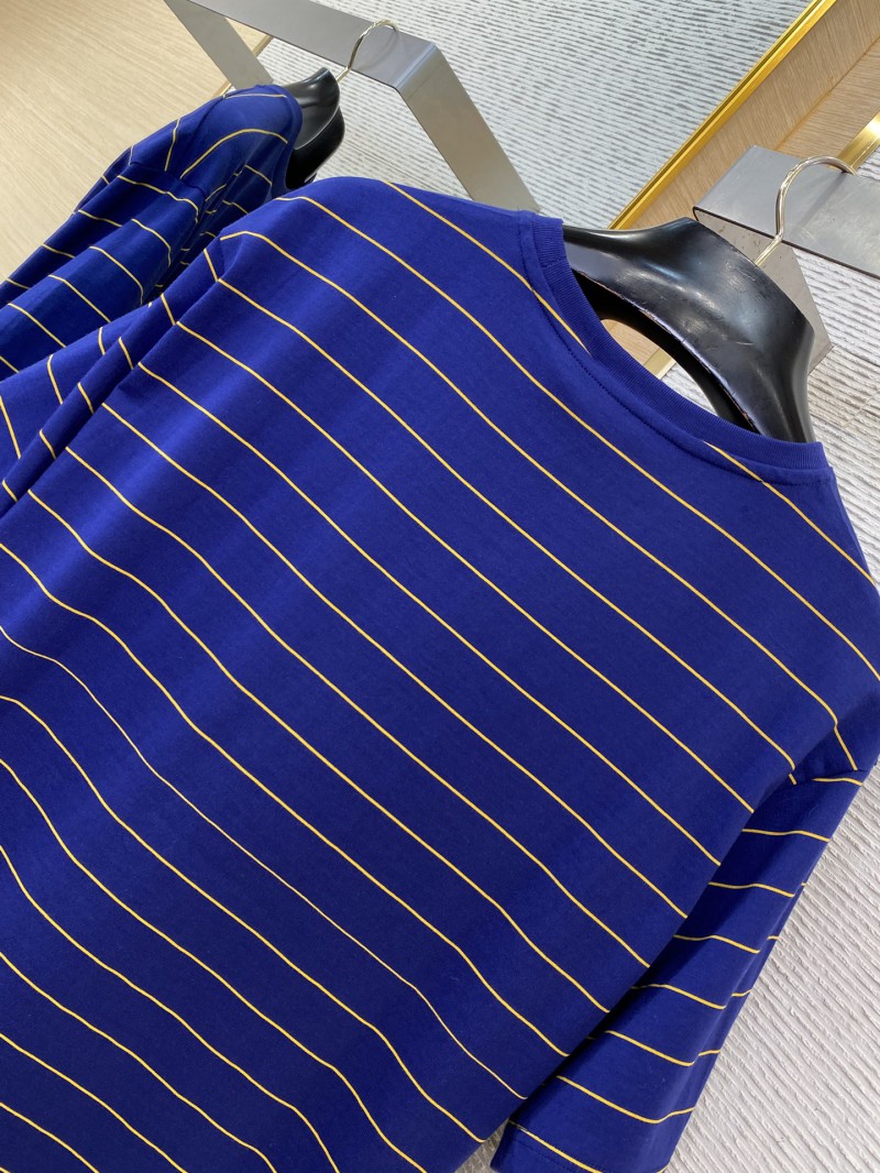 Miu Miu Striped Pocket Logo Cotton Round Neck Short Sleeve T-Shirt Blue 7