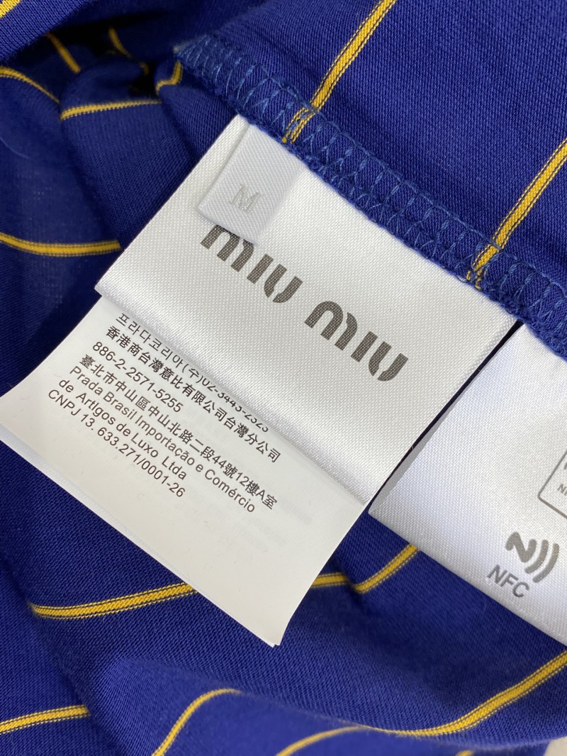 Miu Miu Striped Pocket Logo Cotton Round Neck Short Sleeve T-Shirt Blue 8