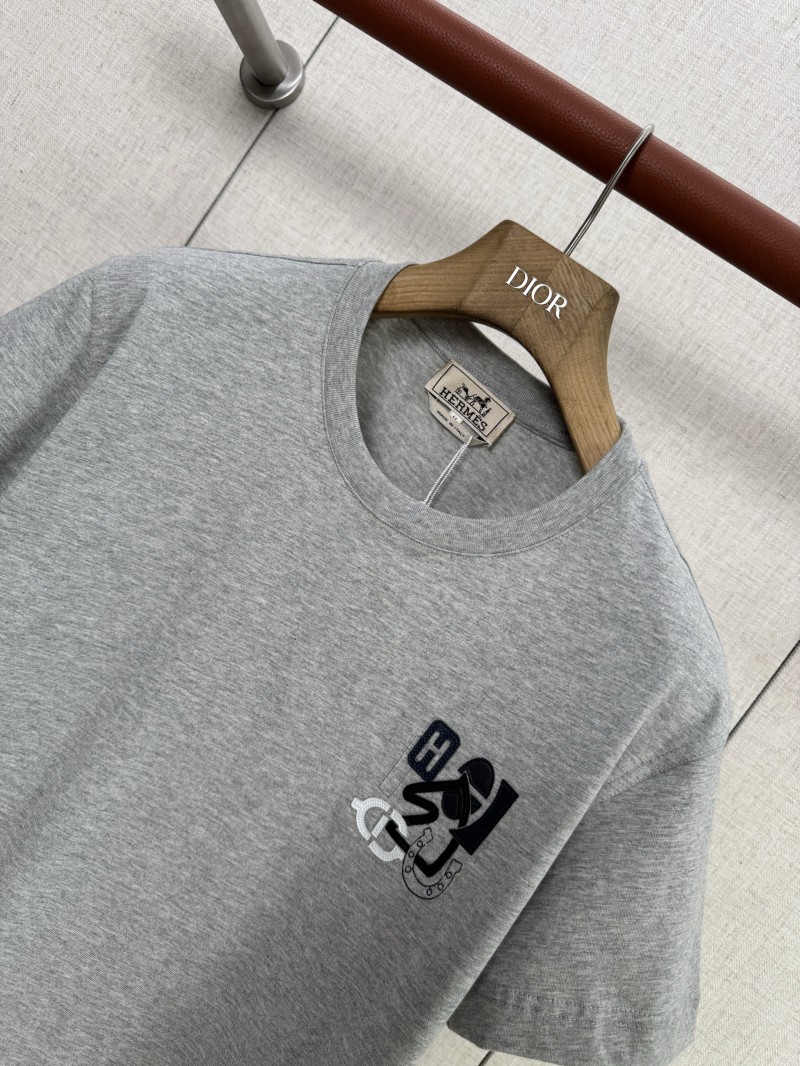 HERMES Leather Embroidered Crew Neck Short Sleeve T Sleeve Grey 2