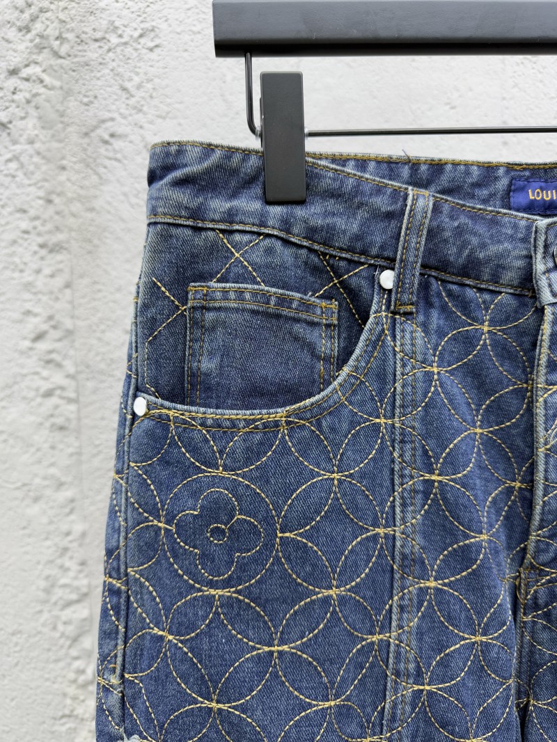 Lv Quilted Zipper Straight Leg Embroidered Jeans 3