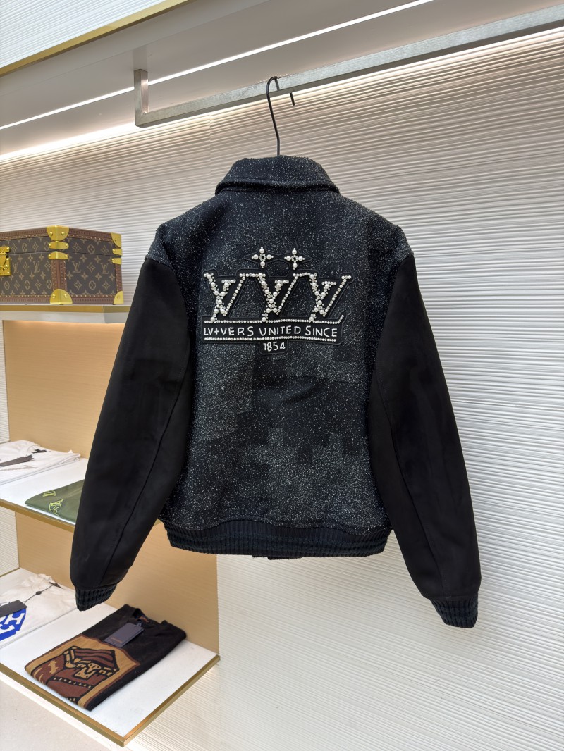 LV Genuine Leather Beaded Flocked Checkered Baseball Jacket 1