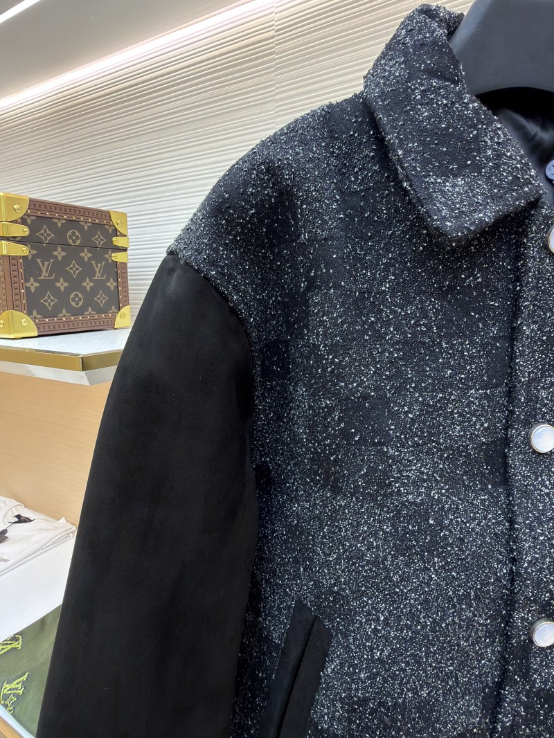 LV Genuine Leather Beaded Flocked Checkered Baseball Jacket 3