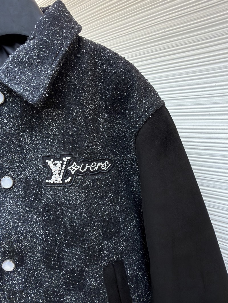 LV Genuine Leather Beaded Flocked Checkered Baseball Jacket 4