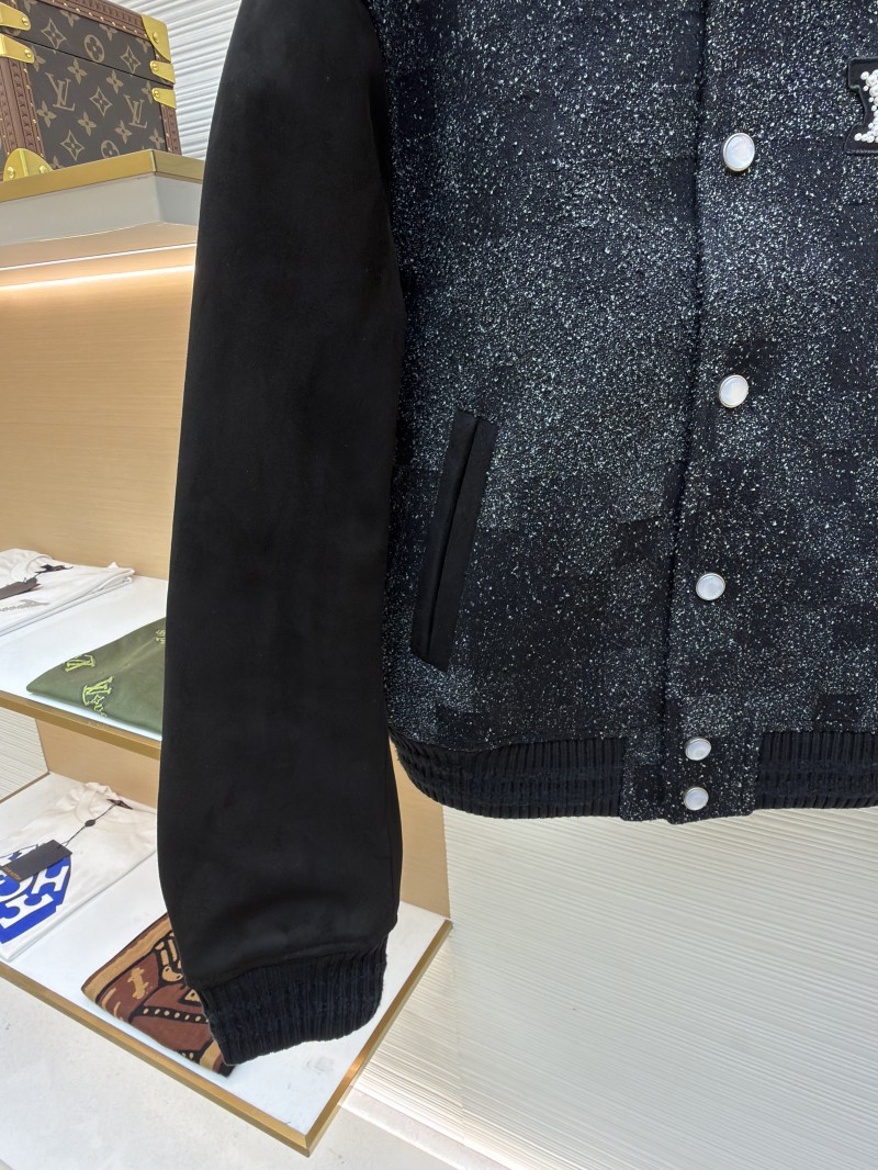 LV Genuine Leather Beaded Flocked Checkered Baseball Jacket 5