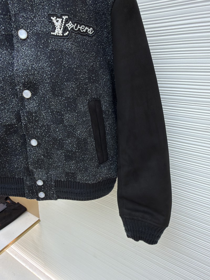 LV Genuine Leather Beaded Flocked Checkered Baseball Jacket 6