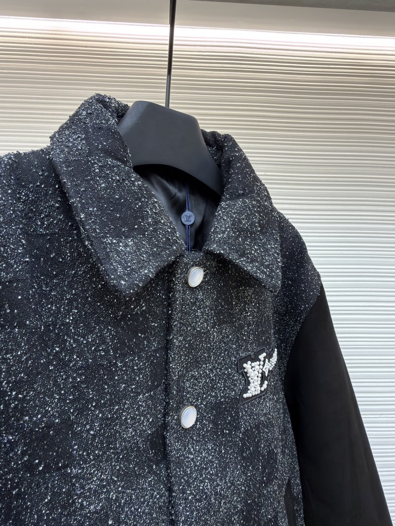 LV Genuine Leather Beaded Flocked Checkered Baseball Jacket 7