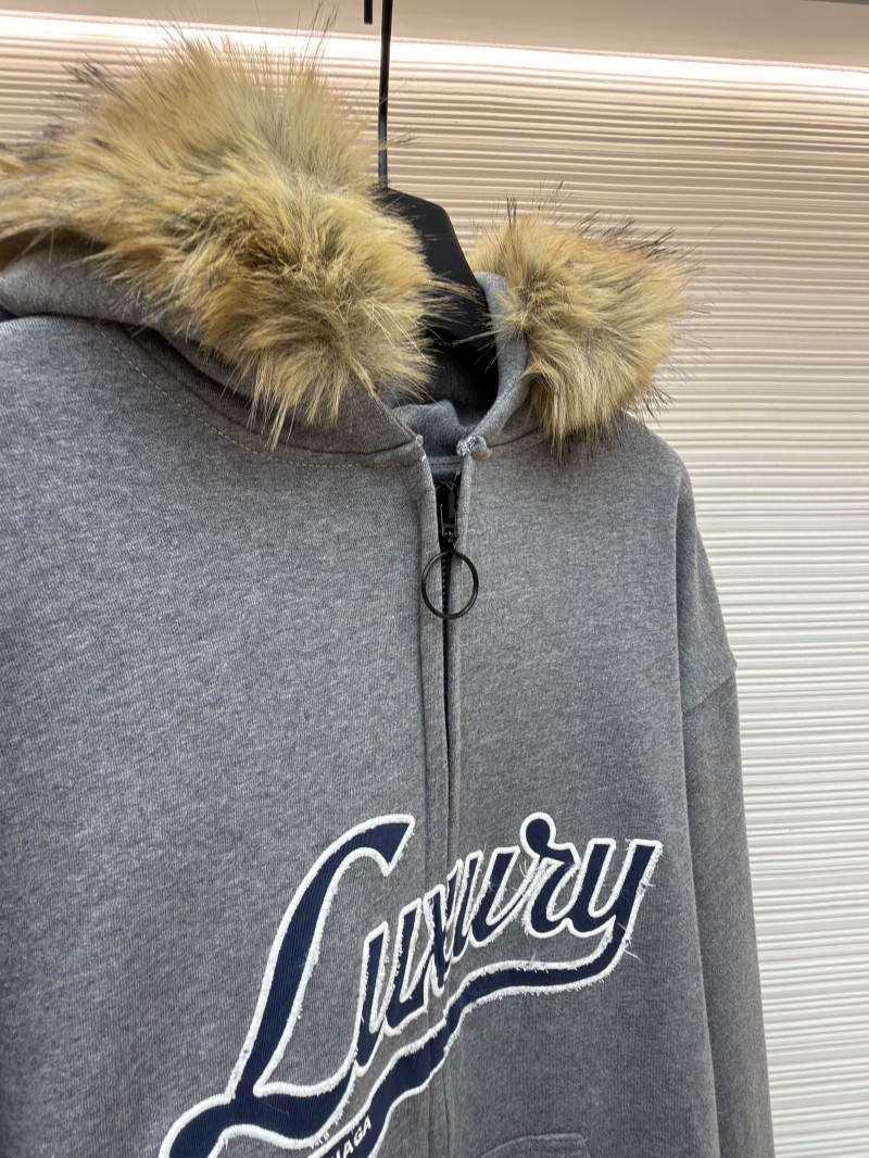 Balenciaga Luxury Faux Fur Collar Zipper Hoodie 7