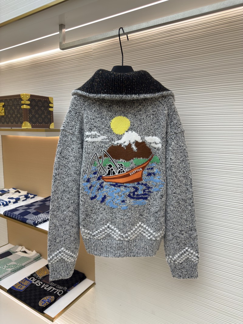 LV Letter Print Zipper Collar Long-Sleeve Knit Sweater 1