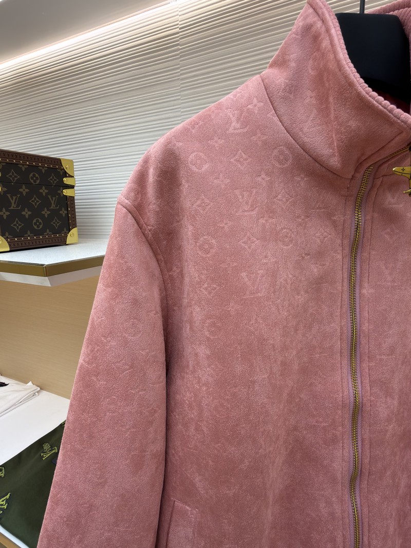 LV Embossed Suede Stand Collar Zipper Long Sleeve Leather Jacket 1 3