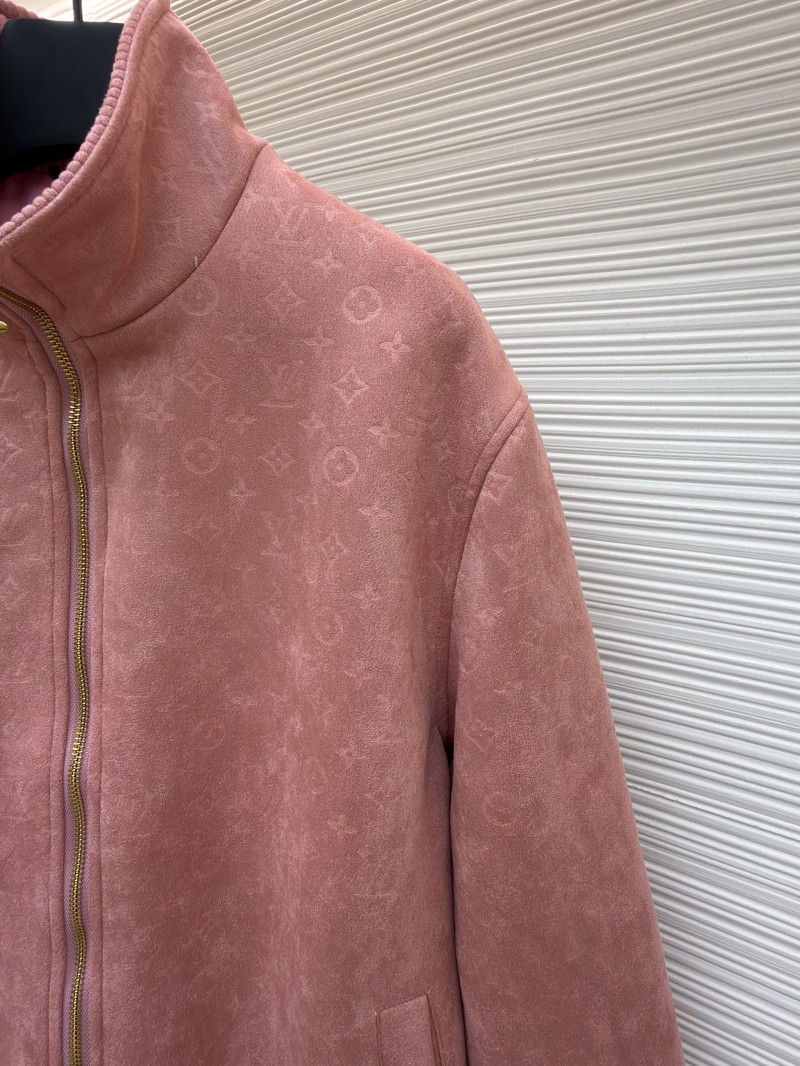 LV Embossed Suede Stand Collar Zipper Long Sleeve Leather Jacket 1 4
