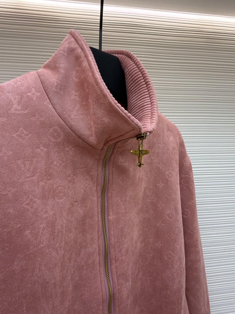 LV Embossed Suede Stand Collar Zipper Long Sleeve Leather Jacket 1 7