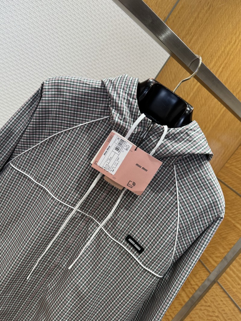 Miu Miu Woven Plaid Hooded Long-Sleeve Jacket 2