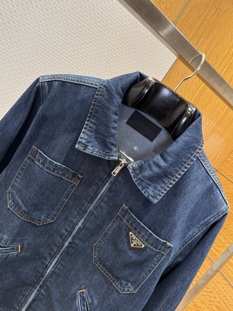 Prada Washed Zipper Long-Sleeve Denim Jacket Coat 2