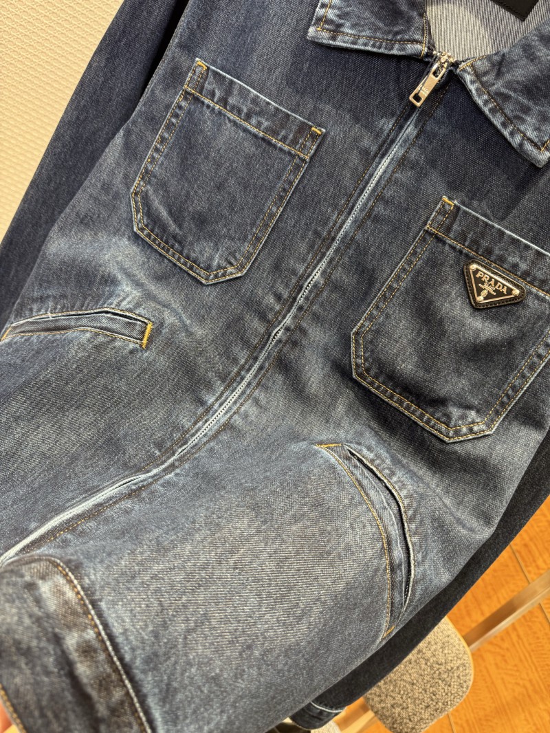 Prada Washed Zipper Long-Sleeve Denim Jacket Coat 4
