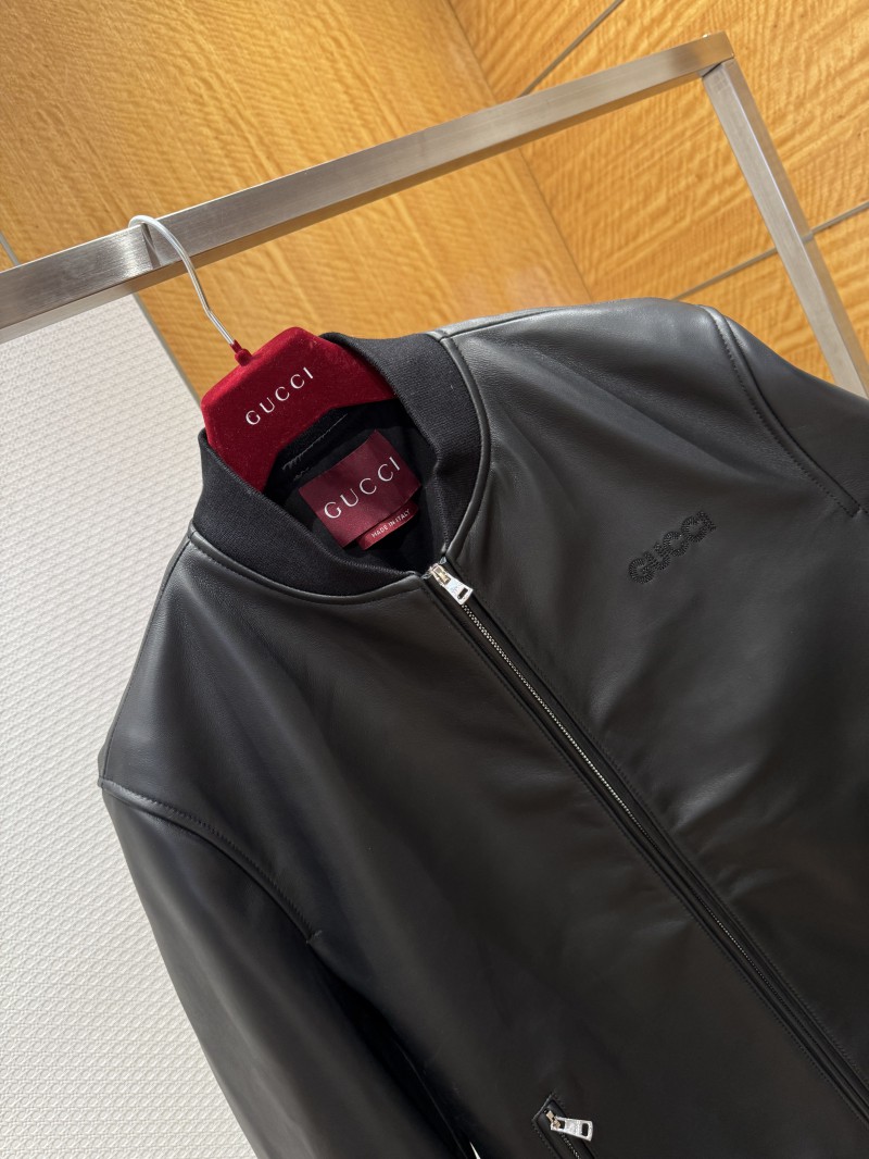 Gucci Logo Embroidered Leather Jacket Coat 2