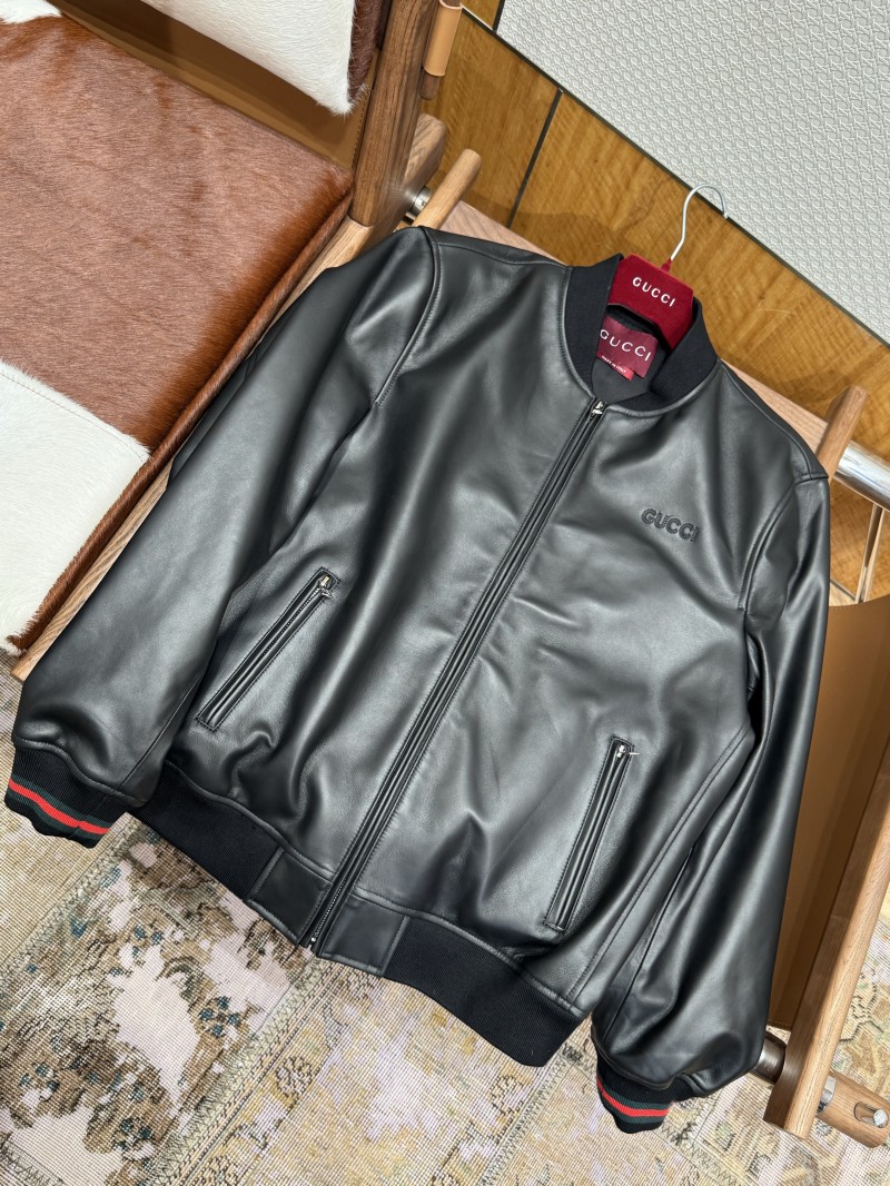 Gucci Logo Embroidered Leather Jacket Coat 6