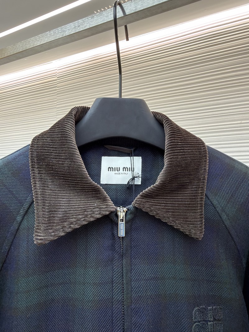 Miu Miu Collared Contrast-Color Check Cotton Coat 2