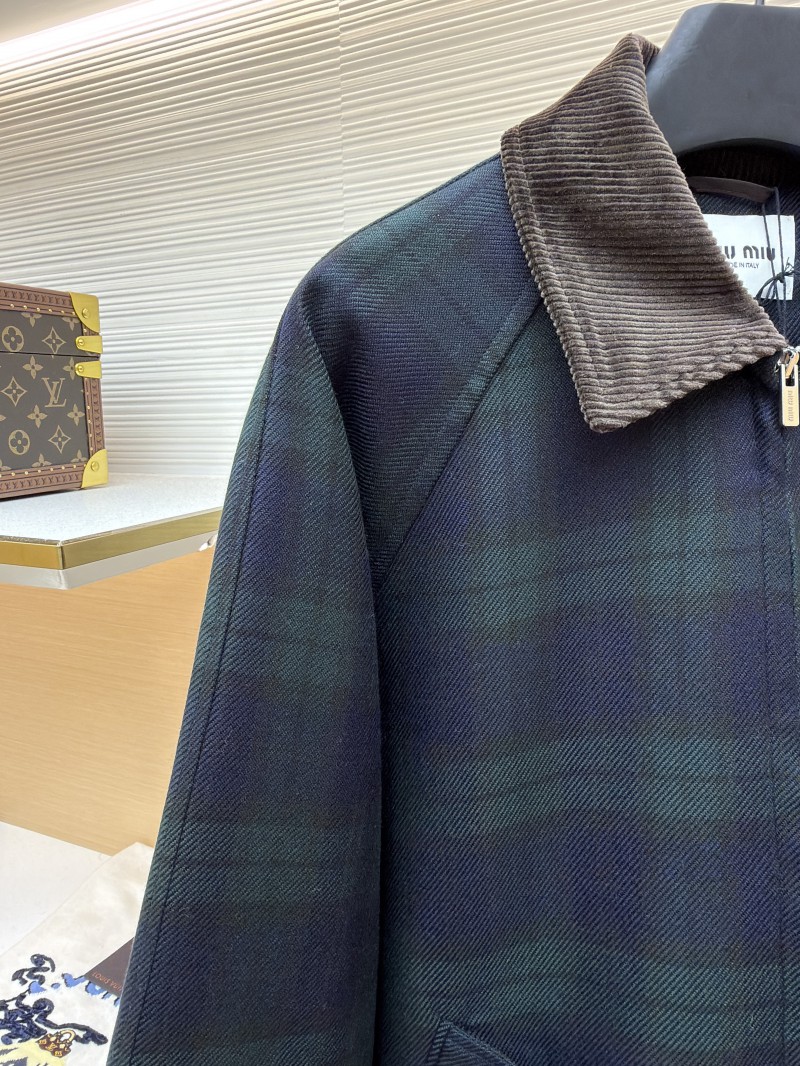 Miu Miu Collared Contrast-Color Check Cotton Coat 3