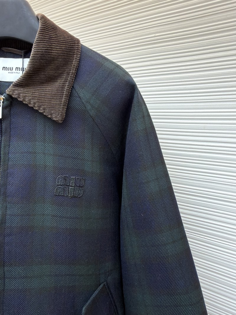 Miu Miu Collared Contrast-Color Check Cotton Coat 4