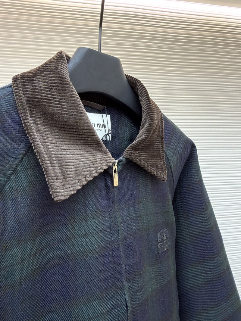 Miu Miu Collared Contrast-Color Check Cotton Coat 7