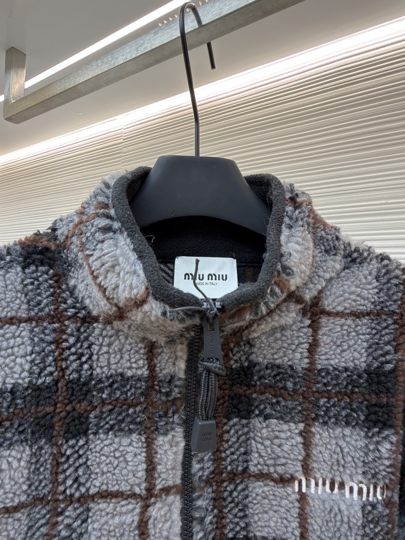 Miu Miu Lambswool Plaid Embroidered Zipper Jacket Coat 1 2