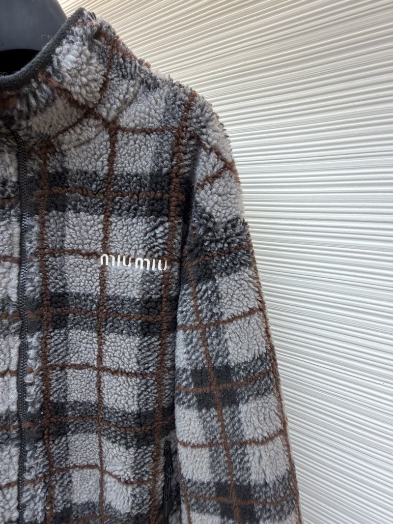 Miu Miu Lambswool Plaid Embroidered Zipper Jacket Coat 1 4