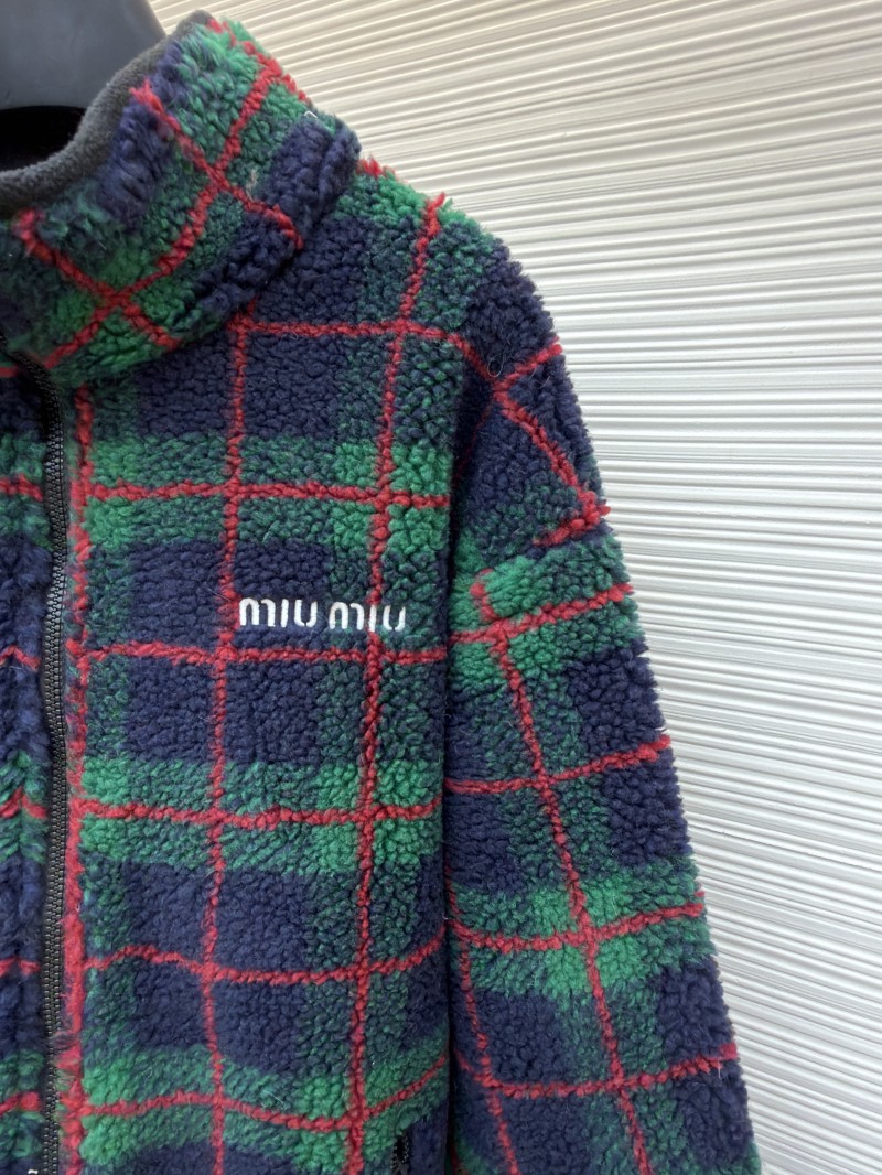 Miu Miu Lambswool Plaid Embroidered Zipper Jacket Coat 2 4