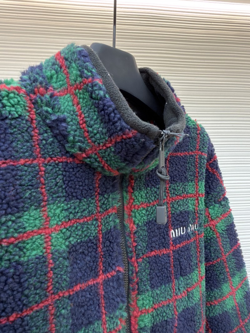 Miu Miu Lambswool Plaid Embroidered Zipper Jacket Coat 2 7