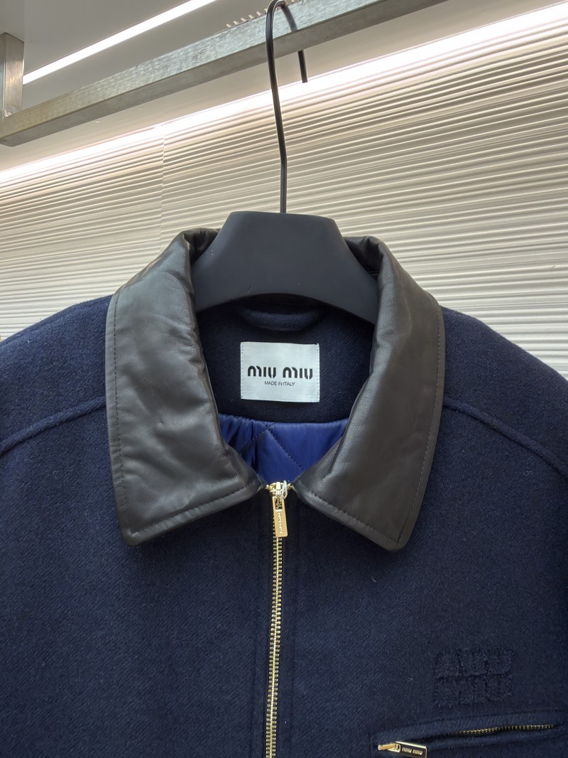 Miu Miu Distressed Washed Leather Collar Zip-Up Cotton Jacket 2