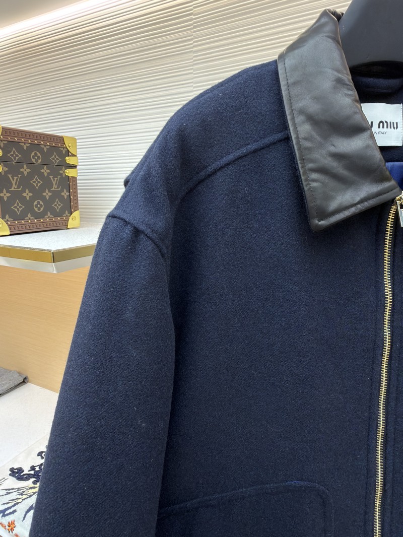Miu Miu Distressed Washed Leather Collar Zip-Up Cotton Jacket 3