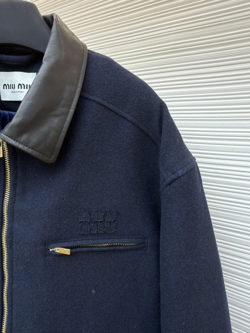 Miu Miu Distressed Washed Leather Collar Zip-Up Cotton Jacket 4