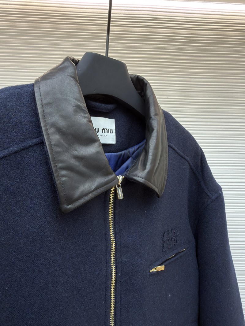 Miu Miu Distressed Washed Leather Collar Zip-Up Cotton Jacket 7