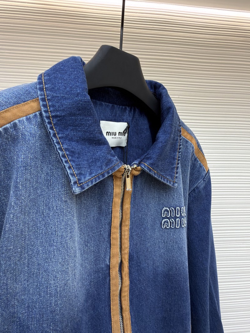 Miu Miu Leather-Trimmed Denim Jacket Coat 7